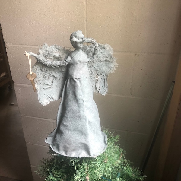 Doctor Who inspired Weeping Angel Tree Topper 13.5” Feathered Wings and Tardis Key Variant