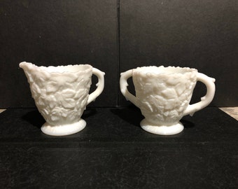 Sugar And Creamer Set Westmoreland Maple Bramble Leaf Pattern Milk Glass