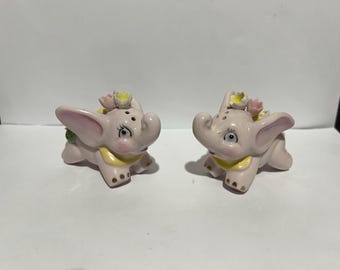 Pink Elephant with Flowers Salt and Pepper Shakers (no box) by Lefton