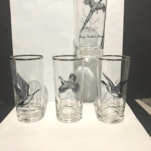 Federal Glassware Silver Rimmed Game Birds Drinking Glasses Set of 4 Flat Tumbler 12oz