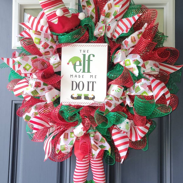 Candy Cane Wreath With Elf Etsy