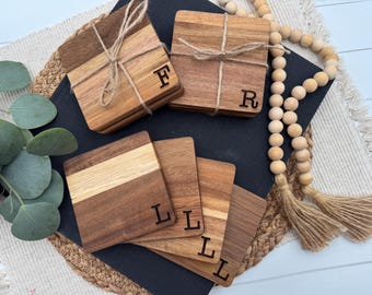 Personalized Acacia Wood Coasters Set of 4, Initial Engraved Coasters, Custom Wood Coaster Set, Housewarming Gift