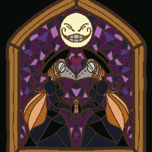 May include: A stained glass design featuring a stylized plague doctor with a smiling moon above. The artwork uses a palette of purple, black, and brown, with a heart detail. The image is framed in a wooden border.