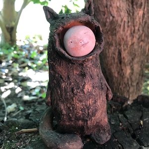 Surreal Cat Sculpture, Ceramic Art Doll with Human Face | Handmade Pottery Animal, Weird Home Decor, Fantasy Collectible Figure