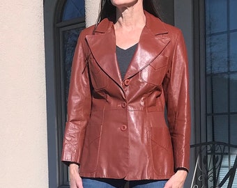 Vintage Modern Rust Brown Leather Blazer Jacket