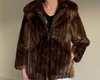Vintage Short Dark Brown Mink Fur Jacket Coat Zipper