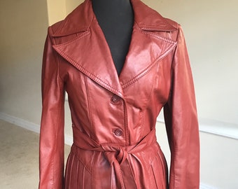 Vintage Short Rust Brown Leather Jacket Blazer Belted