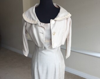 Vintage Modern 2 Piece Raw Silk Beige Pencil Dress Matching Jacket