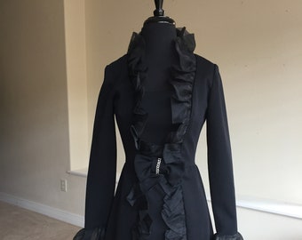 Vintage Modern Black Short Sheath Dress Ruffle Collar Ruffle Cuffs Ruffle Hem