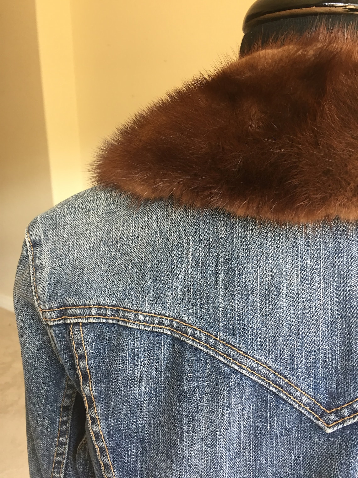 Vintage Jean Denim Jacket Brown Mink Fur Collar Etsy