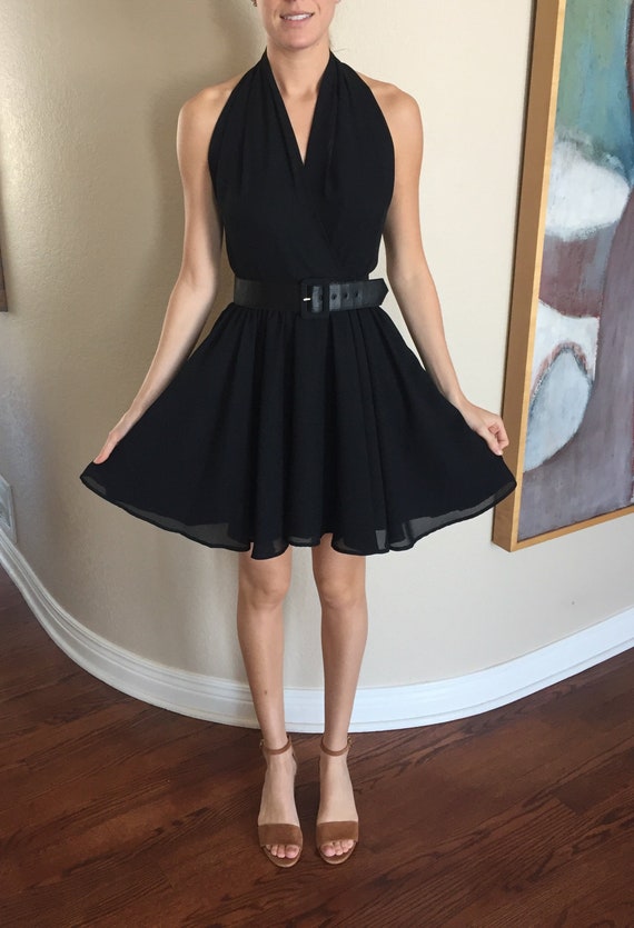 Vintage Black Chiffon Halter Dress Short Belted