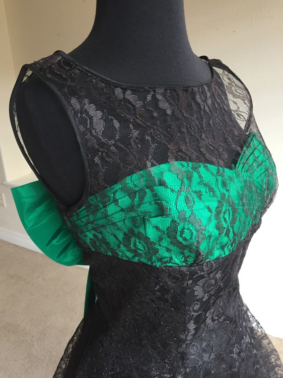 Vintage Black Lace Green Satin Bow Tea Dress - image 6