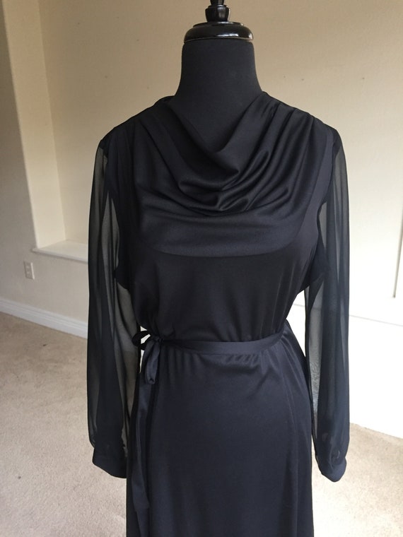 Vintage Black Disco Dress Sheer Sleeves Belted Mo… - image 2