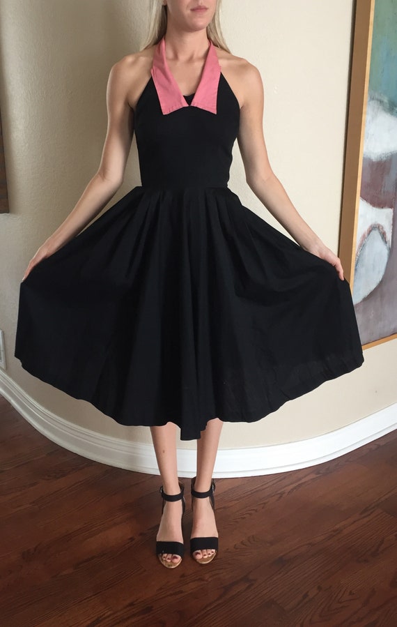 Vintage Black Cotton Halter Dress Full Skirt