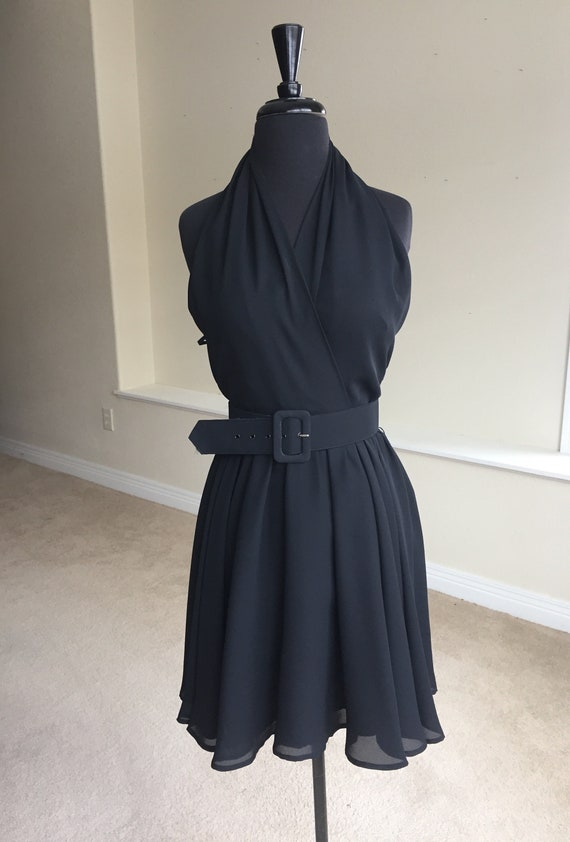 Vintage Black Chiffon Halter Dress Short Belted - image 2