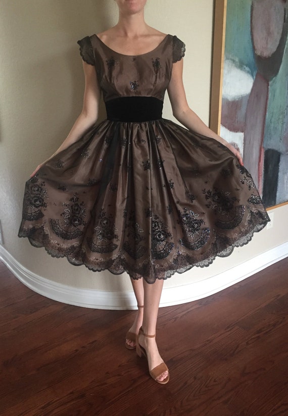 Vintage Black Illusion Tea Dress Full Skirt 1950 1