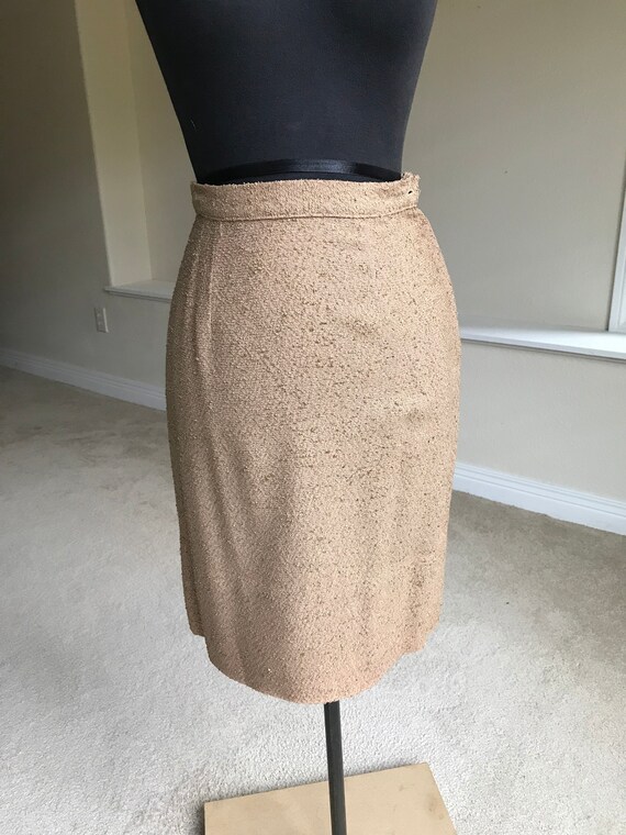 Vintage Tan Raw Silk Suit Top Skirt Fur Trim 1960 - image 8