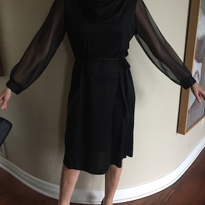 Vintage Black Disco Dress Sheer Sleeves Belted Modern image 6