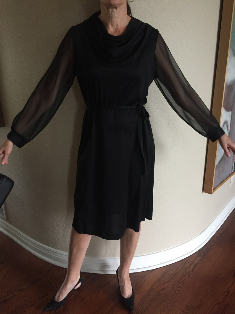 Vintage Black Disco Dress Sheer Sleeves Belted Modern image 6