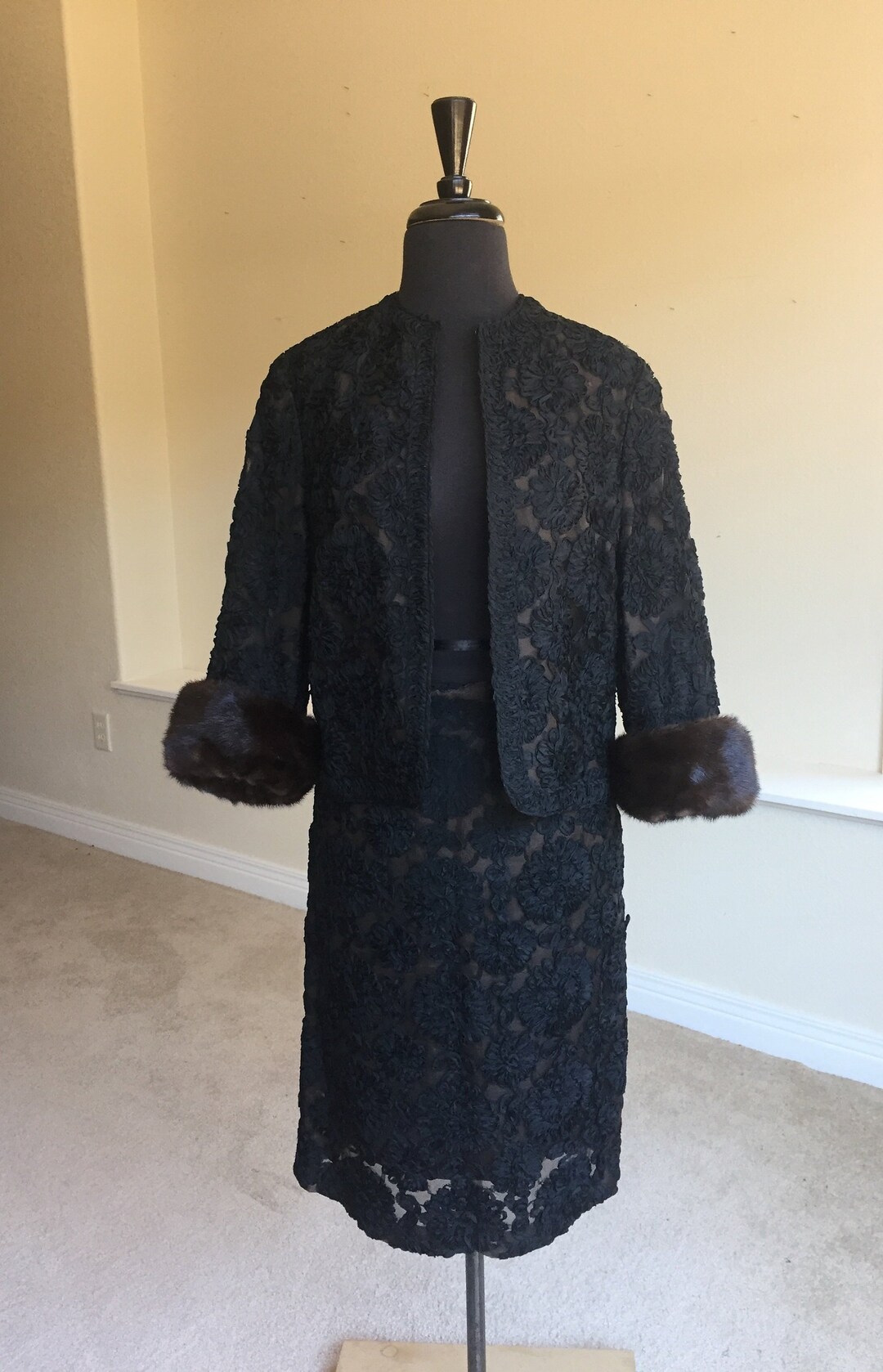 Vintage Black Soutache Ribbon Lace Jacket Skirt 2 Piece Suit Set Fur