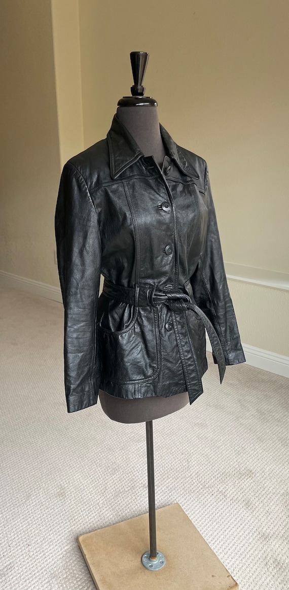 Vintage Short Black Leather Jacket Blazer Belted - image 4