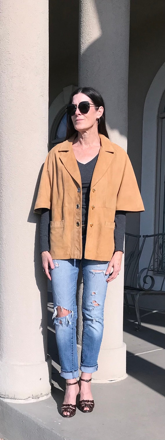 Vintage Modern Tan Suede Cape Jacket Coat - image 10