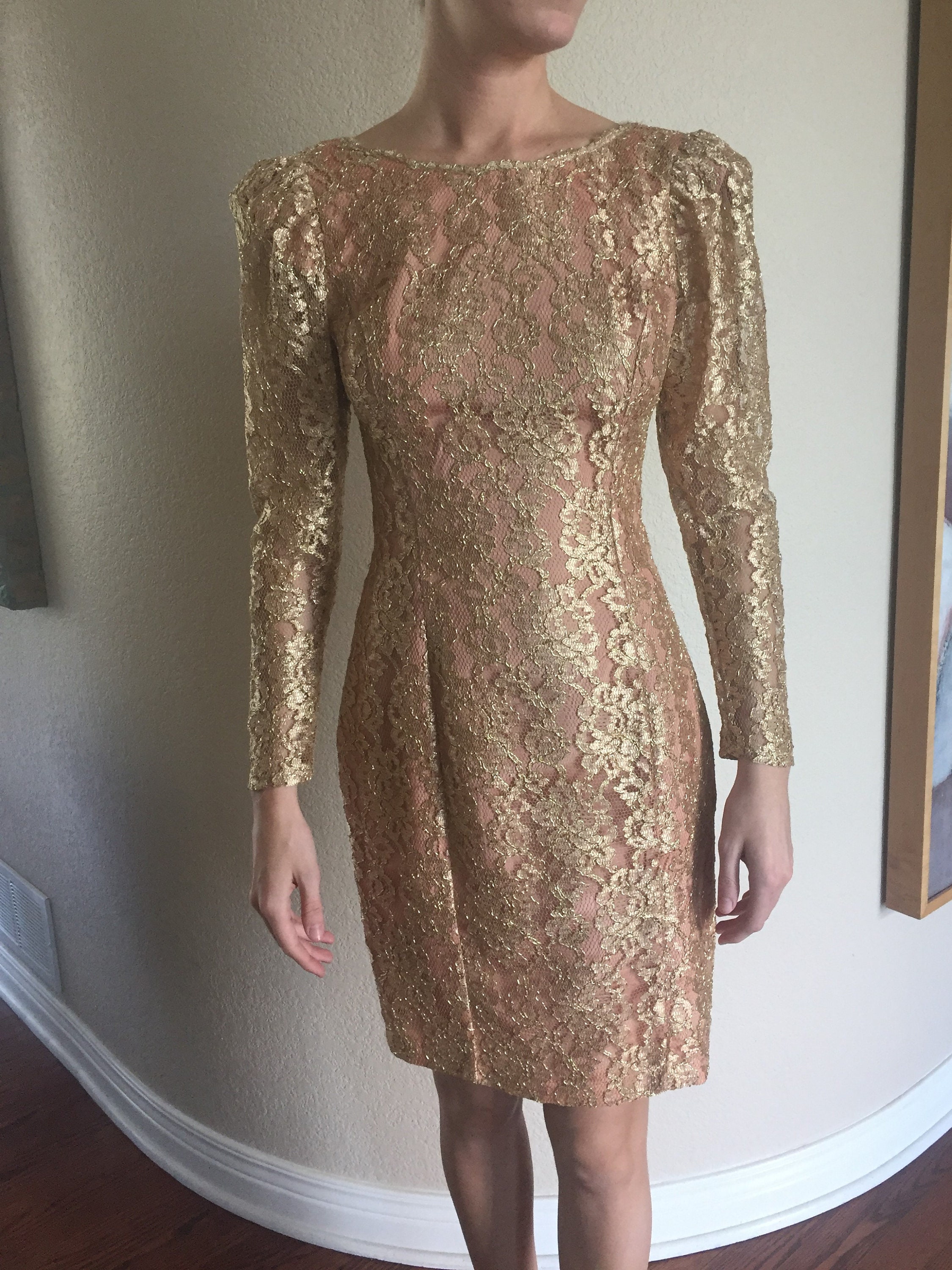 Vintage Modern Gold Lamé Lace Fitted Short Dress Etsy