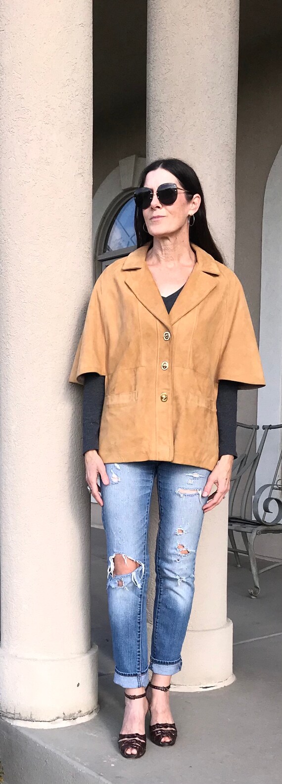 Vintage Modern Tan Suede Cape Jacket Coat - image 7