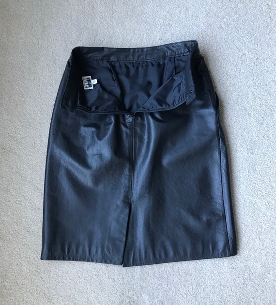 Vintage Black Leather Fitted Pencil Skirt Pockets - image 10