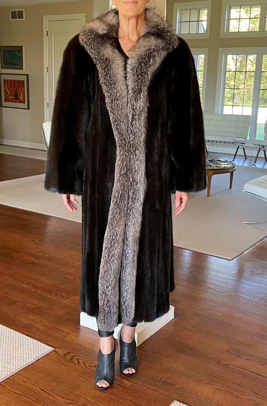Vintage Long Dark Brown Mink Fur Coat Silver Fox Fur Trim - Etsy