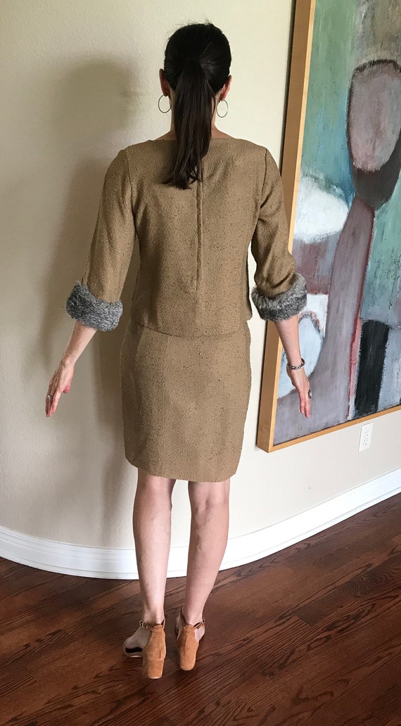 Vintage Tan Raw Silk Suit Top Skirt Fur Trim 1960 - image 6