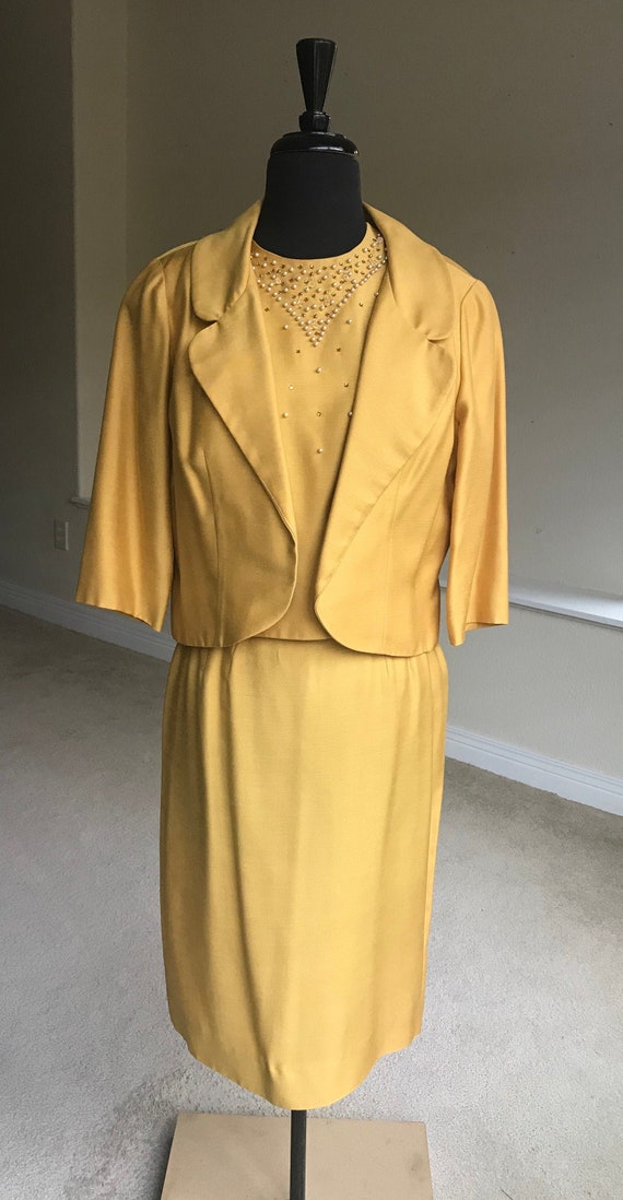 Vintage Gold Yellow Silk 3 Piece Suit Jacket Skirt