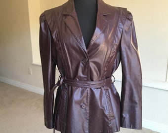 Vintage Modern Brown Burgundy Leather Jacket Blazer Belted Short