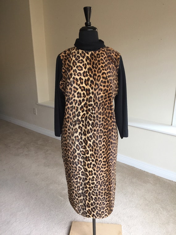 Vintage Modern Leopard Print Faux Fur Sheath Dress
