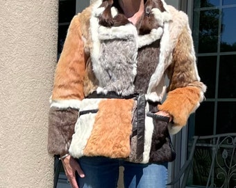 Vintage Patchwork Rabbit fur Jacket Coat belted