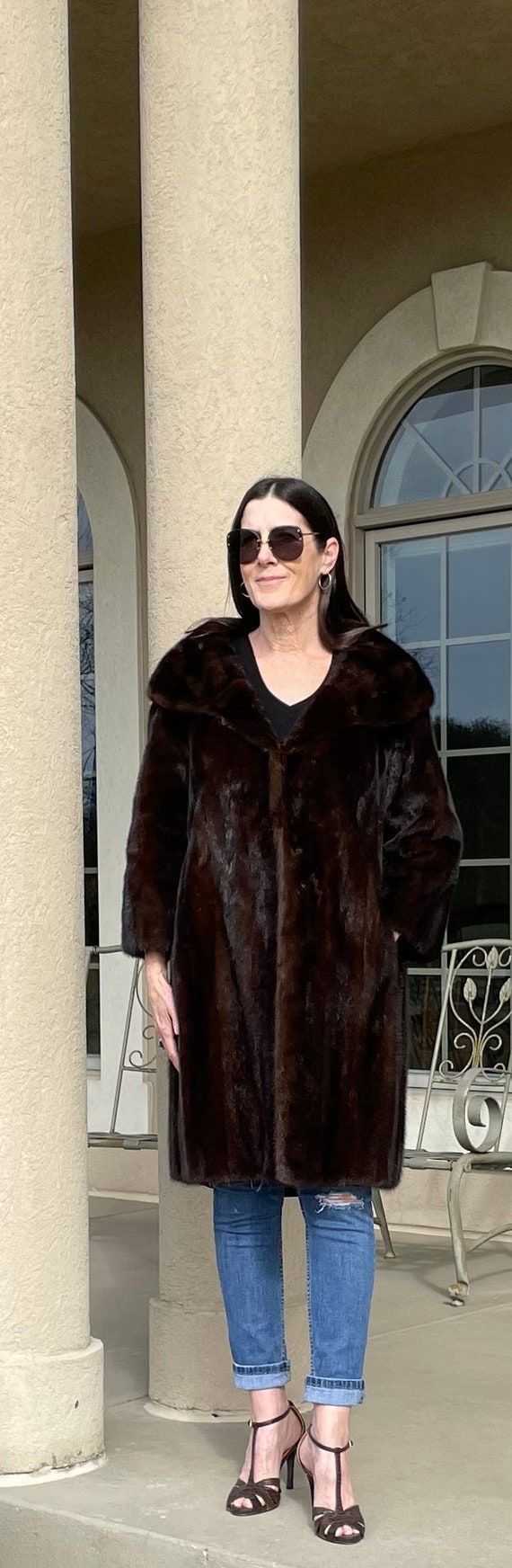 Vintage Long Dark Brown Mink Fur Coat Shawl Fur C… - image 3