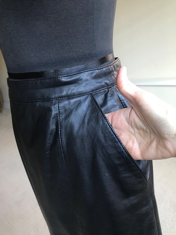 Vintage Black Leather Fitted Pencil Skirt Pockets - image 8