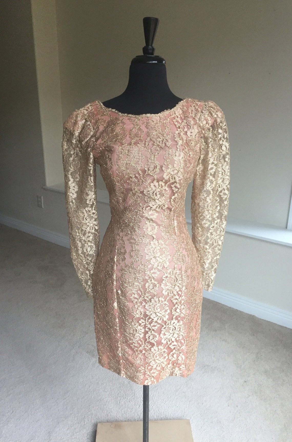 Vintage Modern Gold Lamé Lace Fitted Short Dress Etsy