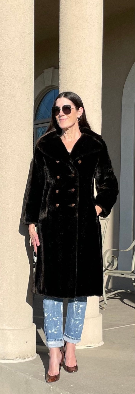 Vintage Long Dark Brown Black Mink Faux Fur Coat