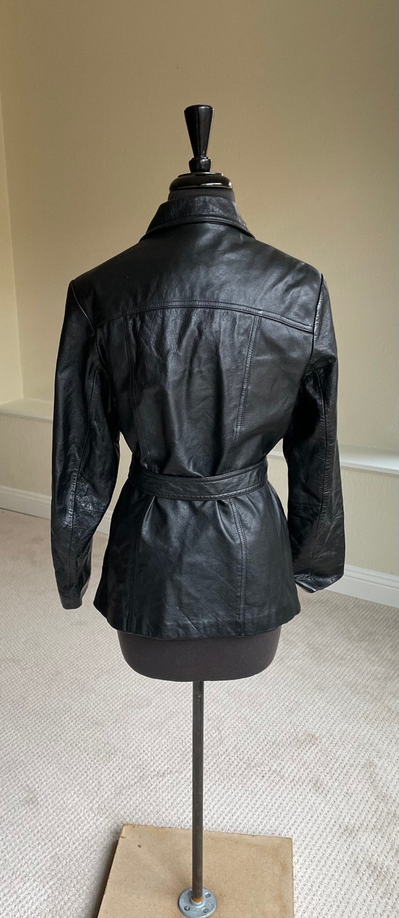 Vintage Short Black Leather Jacket Blazer Belted - image 5