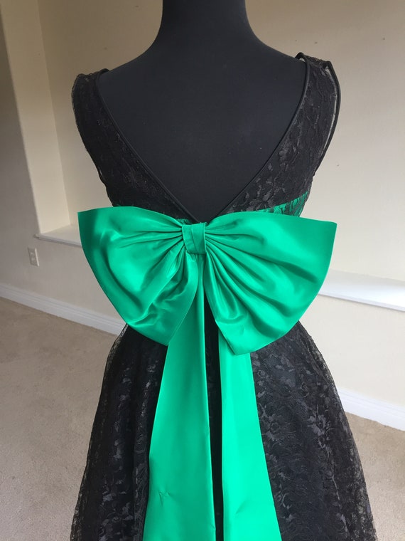 Vintage Black Lace Green Satin Bow Tea Dress - image 4