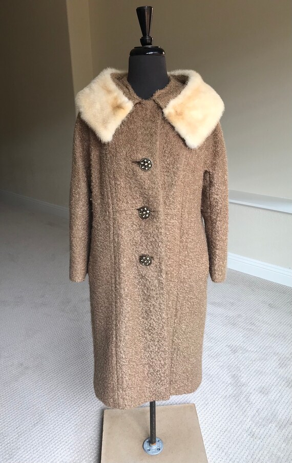 Vintage Modern Beige Tan Wool Boucle Mink Collar … - image 5