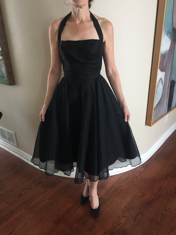 Vintage Black Organza Halter Dress Full Skirt