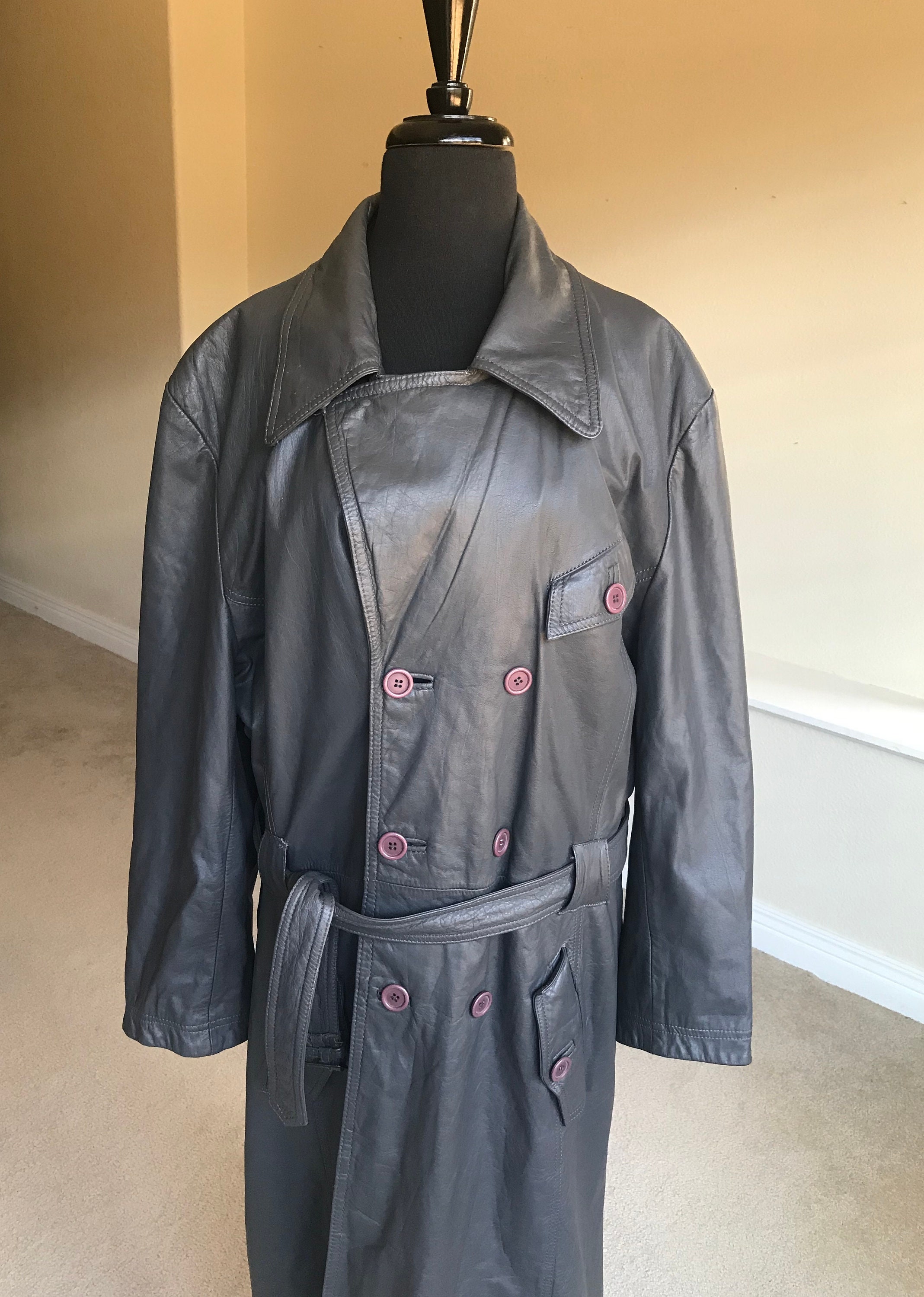 Vintage Gray Leather Trench Coat Modern Unisex Etsy UK