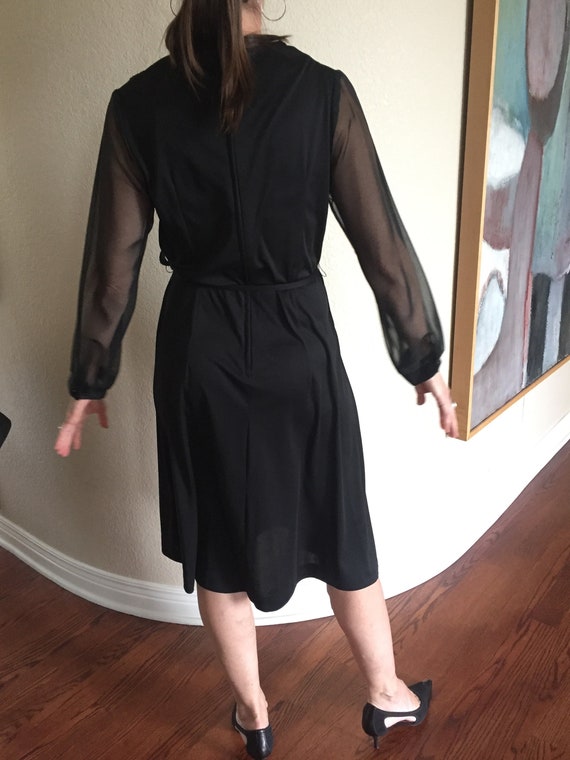 Vintage Black Disco Dress Sheer Sleeves Belted Mo… - image 5