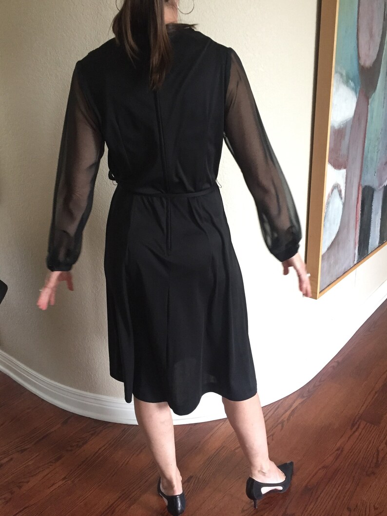 Vintage Black Disco Dress Sheer Sleeves Belted Modern image 5
