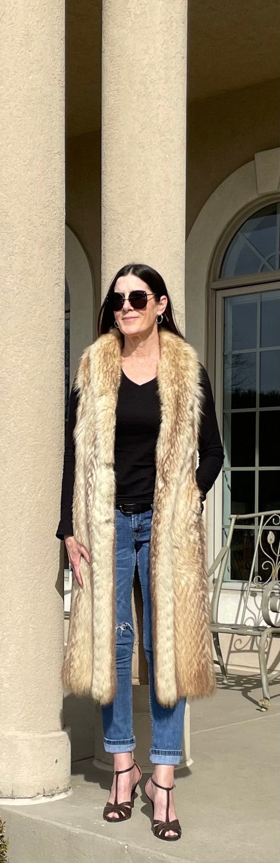 Vintage Long White Tan Ivory Fox Fur Vest Coat