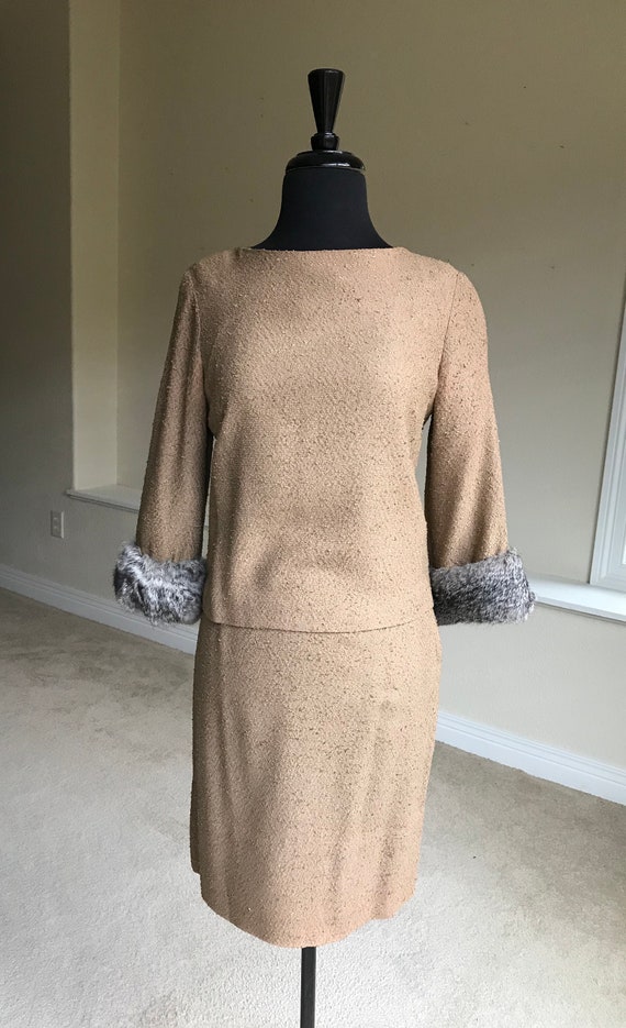 Vintage Tan Raw Silk Suit Top Skirt Fur Trim 1960 - image 1