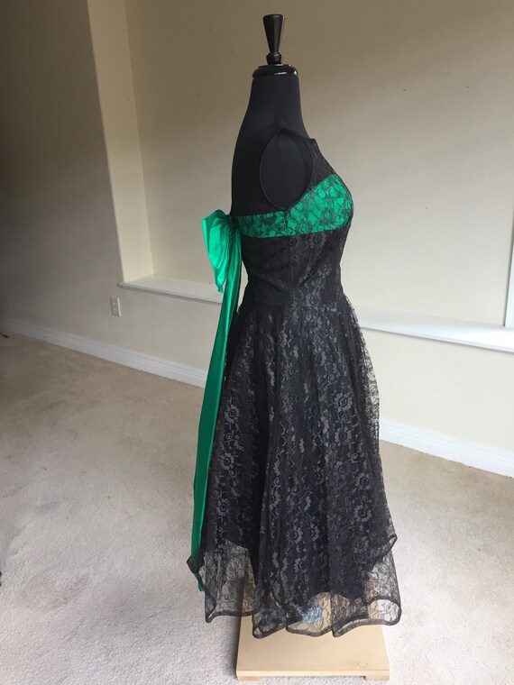 Vintage Black Lace Green Satin Bow Tea Dress - image 8