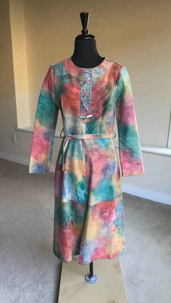 Vintage Abstract Tie Dye Suede Belted Dress